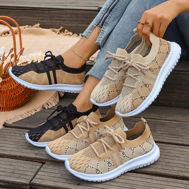 2026 New Lace Up Round Women's - Knit Fabric Lace Up Sneakers ulasan dan harga