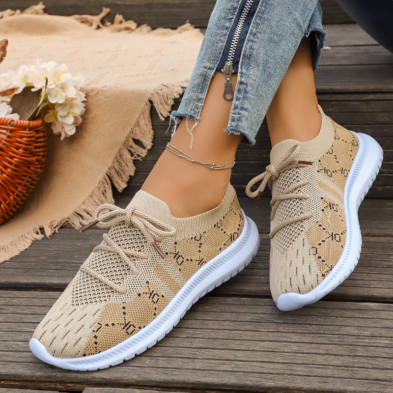 2026 New Lace Up Round Women's - Knit Fabric Lace Up Sneakers ulasan dan harga