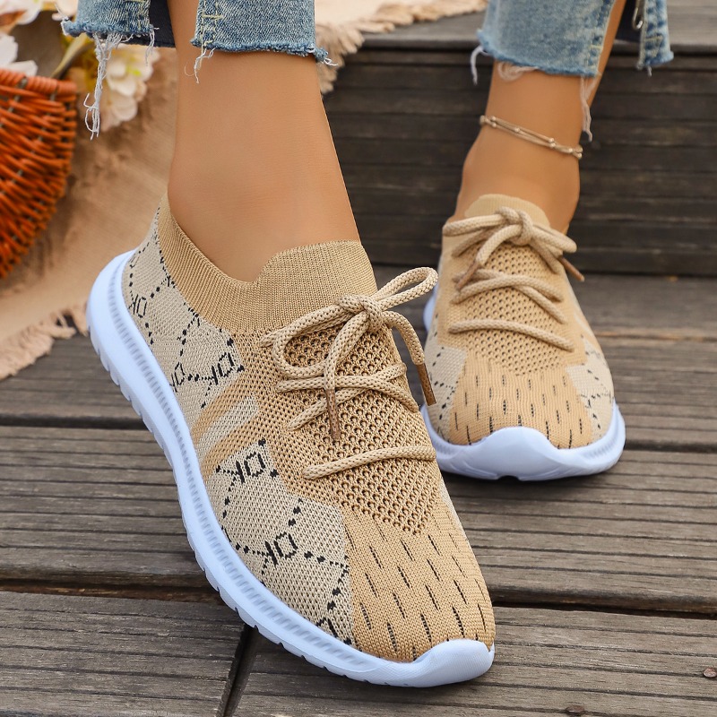 2026 New Lace Up Round Women's - Knit Fabric Lace Up Sneakers ulasan dan harga